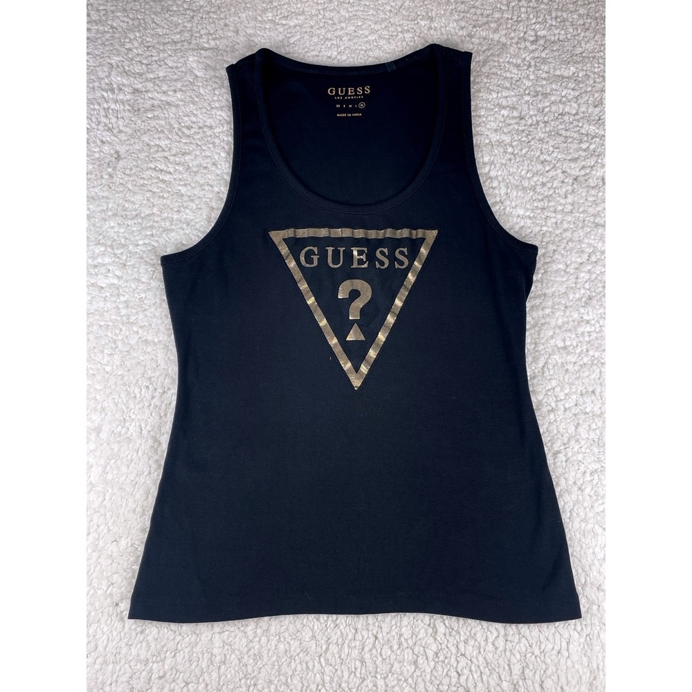 Y2K Vintage Guess Women's Black & Gold Triangle Mesh Graphic Cami Size XL